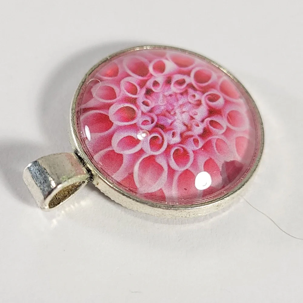 Pink Dahlia Flower Pendant Silver Tone Glass Cabochon Floral Charm Jewelry